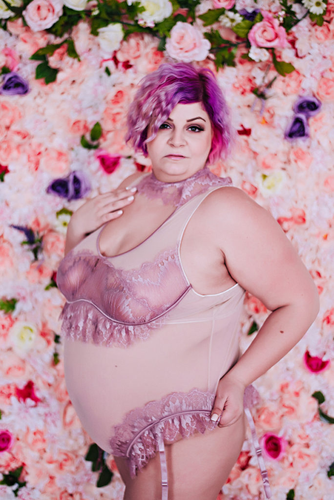 Pink and Purple Flower Wall Boudoir Photo