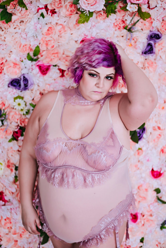 Pink and Purple Flower Wall Boudoir Photo