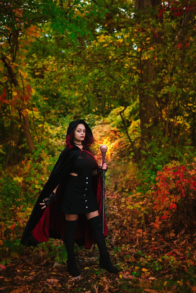 Gothic Female in Red and Black Cloak with Wand Themed Halloween Photo Shoot (2)