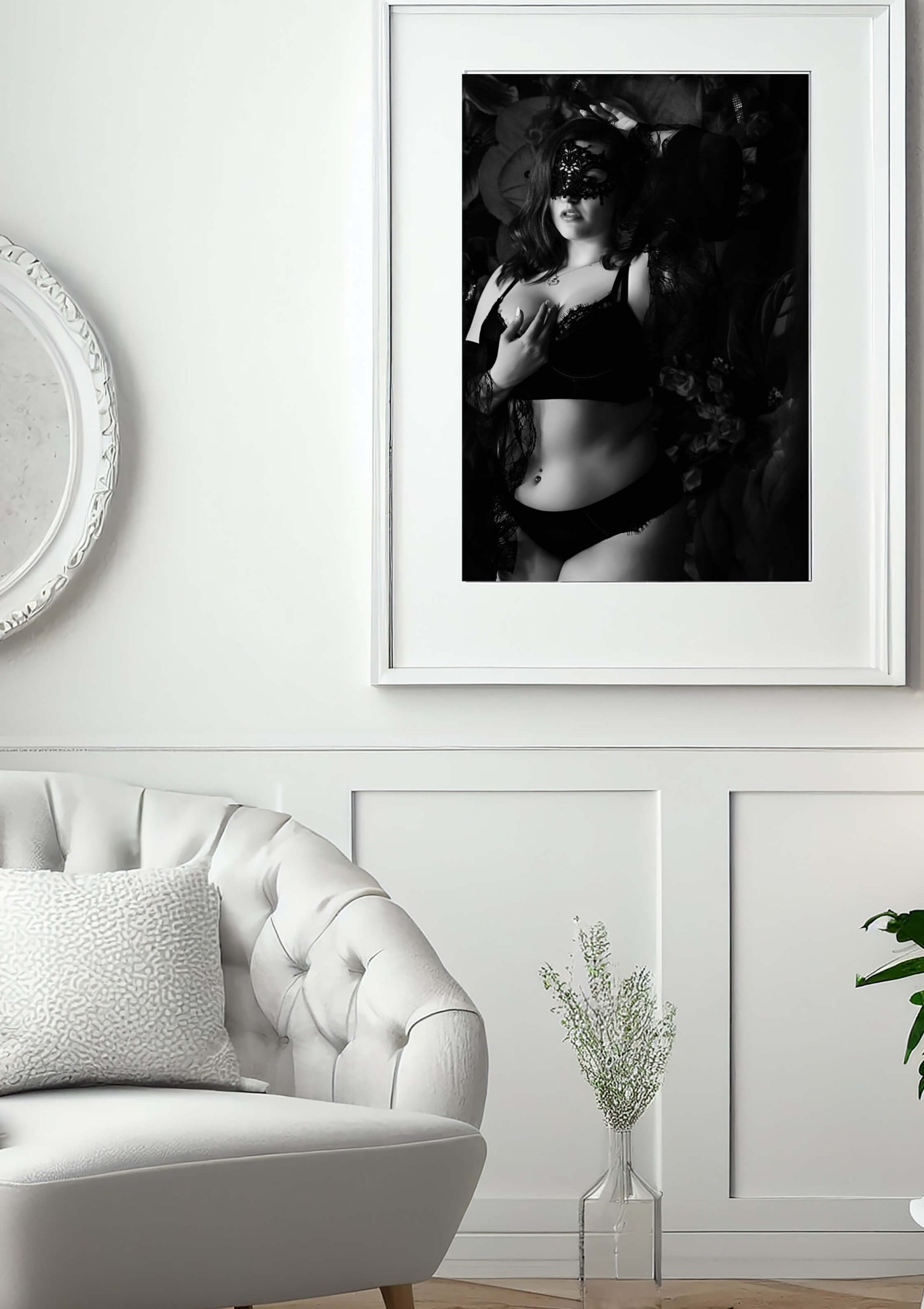 Boudoir wall art with woman confidently looking into the camera.
